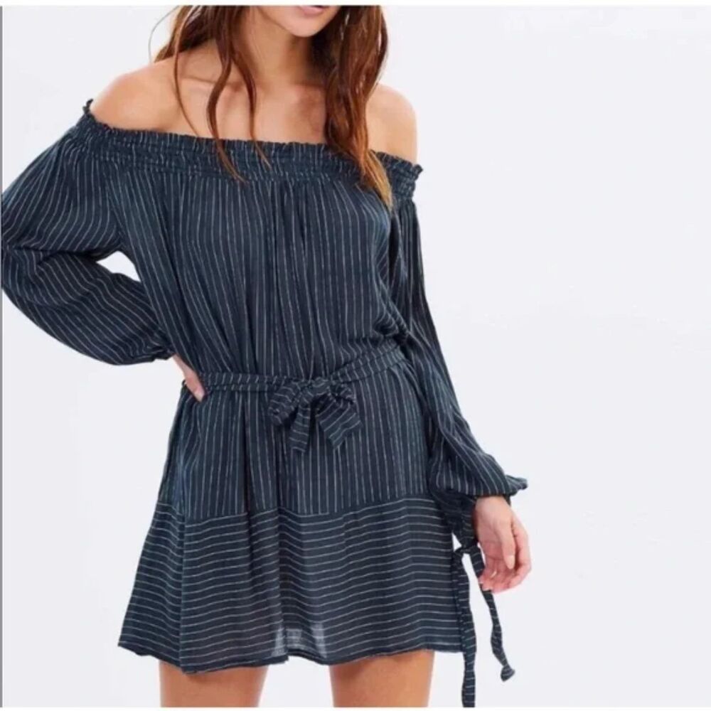 FAITHFULL THE BRAND Mali Off The Shoulder Peacock Striped Long Sleeve Dress Sz 6